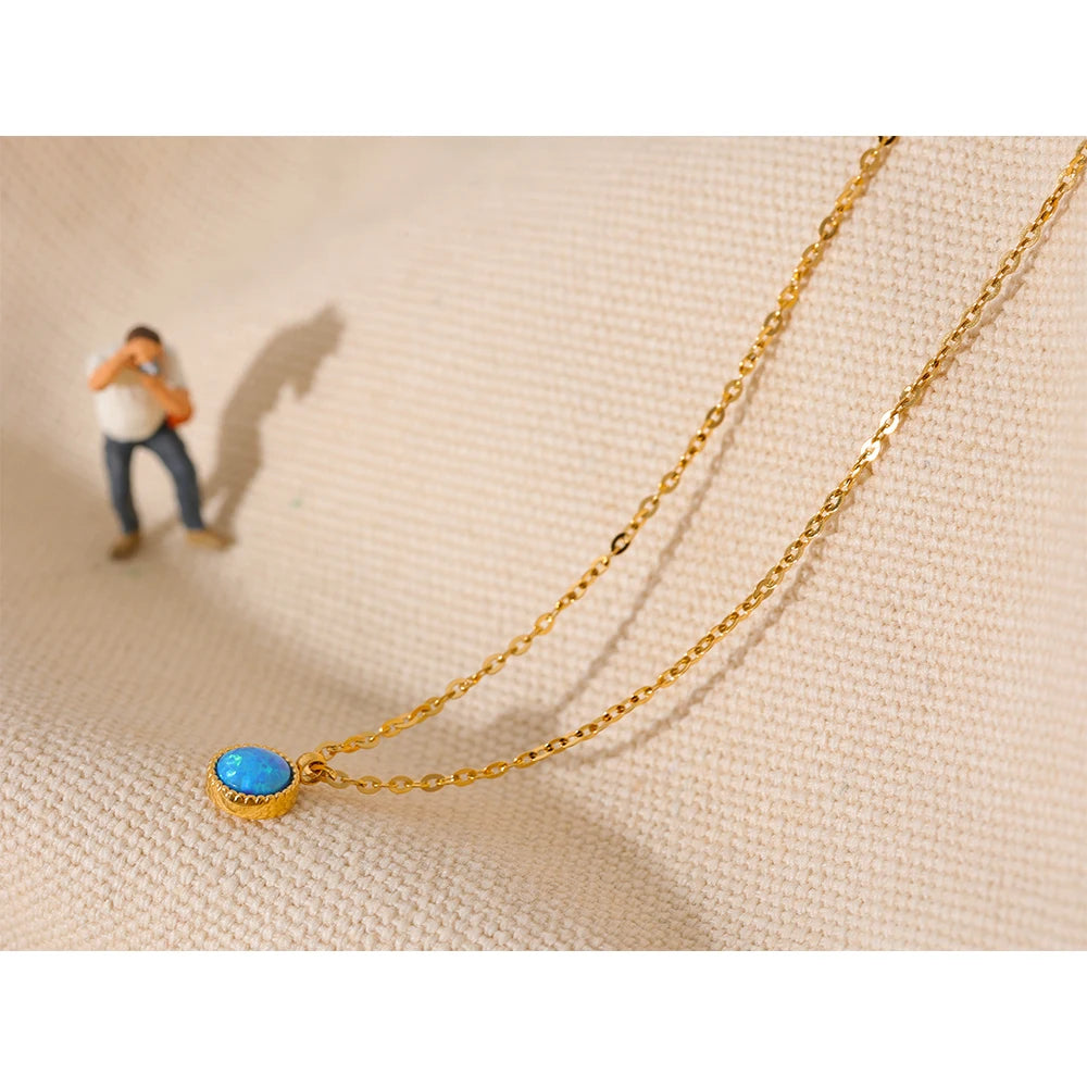 Yhpup Charm Chic Blue Opal Natural Stone Small Pendant Stainless Steel Gold Color Necklace Waterproof Trendy Jewelry Women New