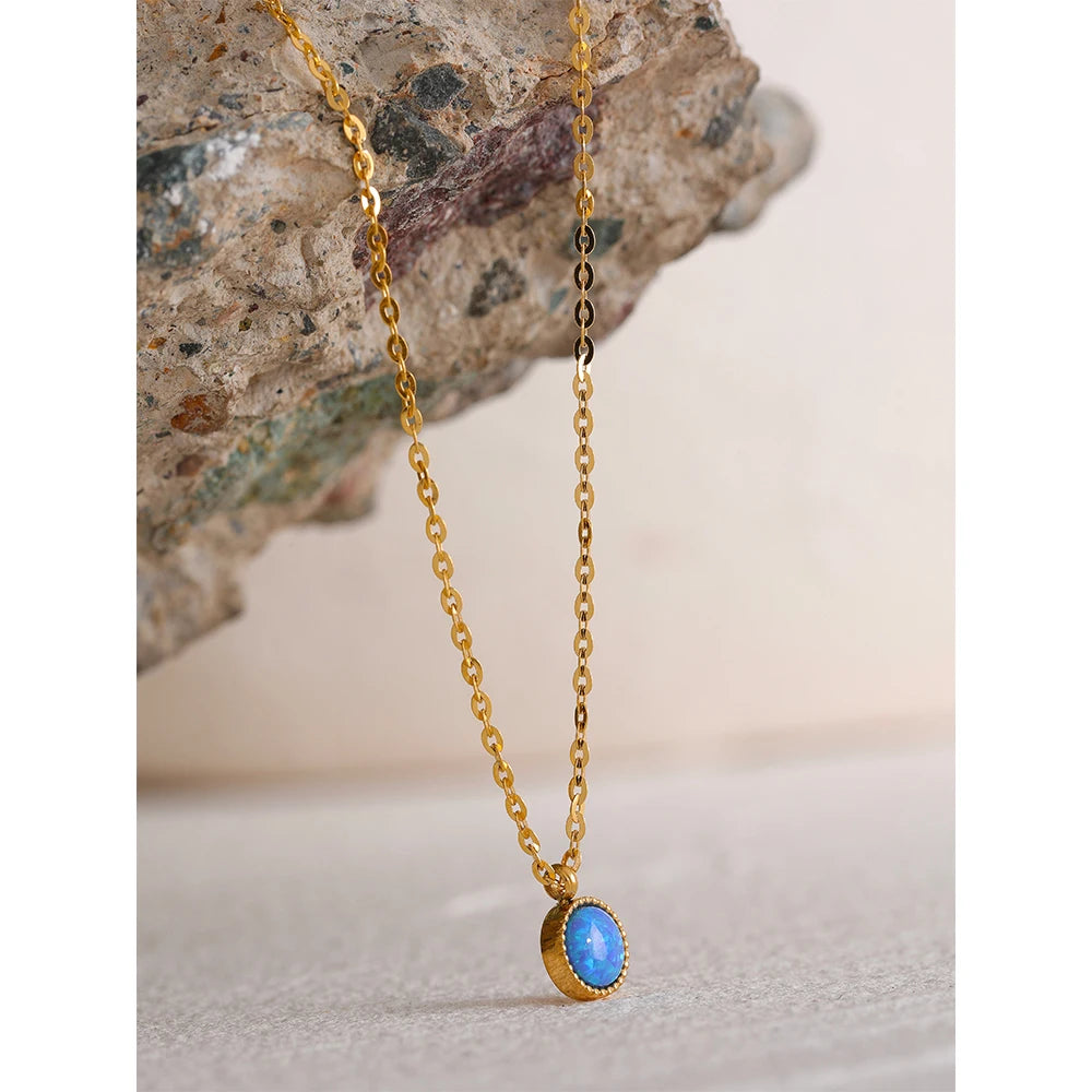 Yhpup Charm Chic Blue Opal Natural Stone Small Pendant Stainless Steel Gold Color Necklace Waterproof Trendy Jewelry Women New